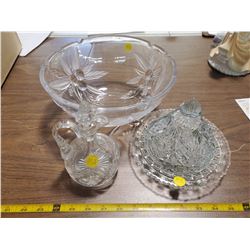 GLASS FRUIT BOWL, CANDY DISH AND VINEGAR DISPENSER