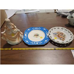 3 DECORATIVE PLATES & PORCELAIN DANCING GIRL FIGURINE