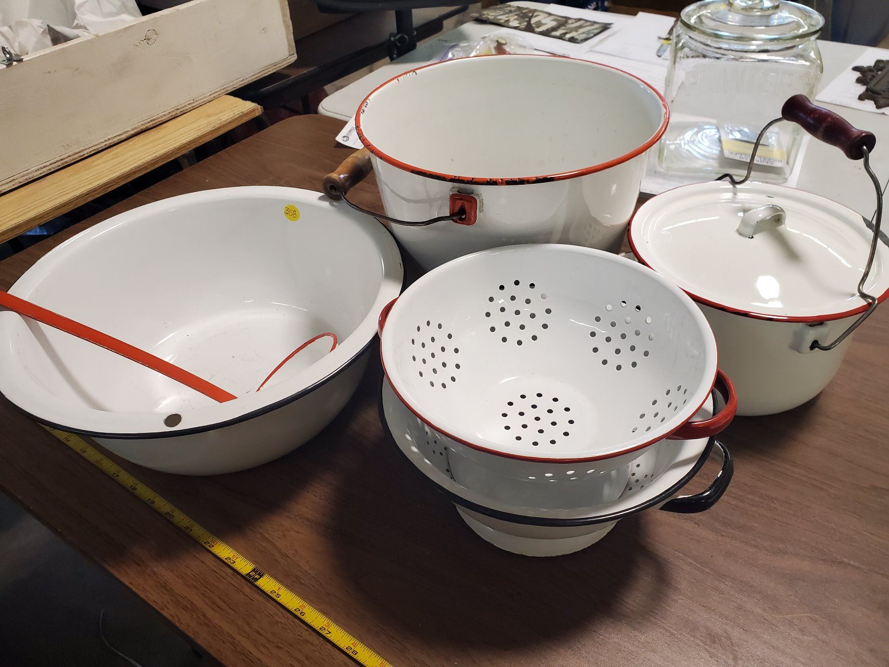 LARGE LOT OF ENAMELWARE. POT, KETTLE, 2 STRAINERS, BOWL & LADLE