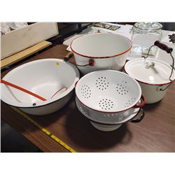 LARGE LOT OF ENAMELWARE. POT, KETTLE, 2 STRAINERS, BOWL & LADLE