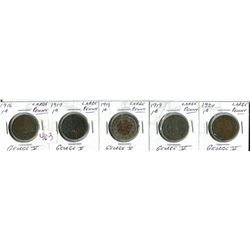 FIVE LARGE CANADIAN GEORGE V PENNIES 1916, 17, 18, 19, 20