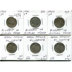 SIX US INDIAN HEAD NICKLES 1927,29,30,35,36,37
