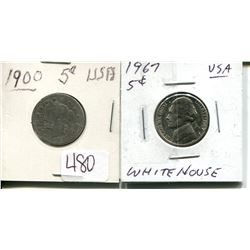 TWO US FIVE CENTS 1900, 1967