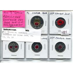 FIVE REMEMBERENCE COINS (1) TWO DOLLAR, (4) 25 CENT