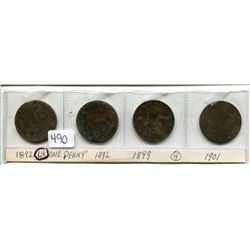 FOUR UK ONE CENT 1892, 1892, 1899, 1901 (LARGE)