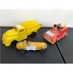 3 PIECES, 50'S YELLOW FORD TRUCK, YELLOW RACER, MICKEY FIRE TRUCK