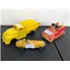 Image 1 : 3 PIECES, 50'S YELLOW FORD TRUCK, YELLOW RACER, MICKEY FIRE TRUCK