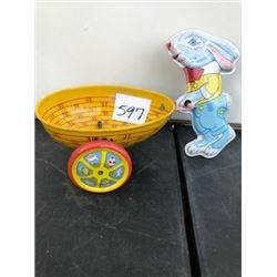 1950'S J. CHIEN LITHO TIN BUNNY PUSHING CART