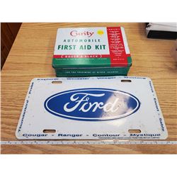 VINTAGE FORD LICENSE PLATE & FIRST AID KIT