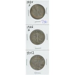 1934S, 1935D, 1942 USA WALKING LIBERTY HALF DOLLAR