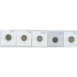 1913, 1917, 1918, 1919, 1920 CANADIAN 10 CENT PIECES