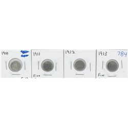 1910, 1911, 1912, 1913 CANADIAN FIVE CENT PIECES