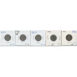 1923, 1926 N6, 1927, 1929, 1931 CANADIAN 5 CENT PIECES