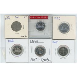 1951, 1953 SF, 1953 NSF, 1966 DD, 1967, 2005 CANADIAN 5 CENT PIECES