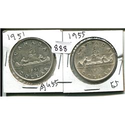 1951 GEORGE VI, 1955 ELIZABETH II CANADIAN SILVER DOLLARS