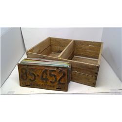 Assorted License Plates w/ Wooden Box