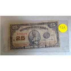 1923 Dominion of Canada Twenty-Five Cents Bill