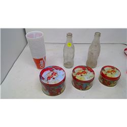 Coca-Cola Items (Tin Can, Plastic Cups, Glass Bottles x2)