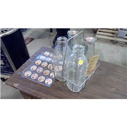4 MILK BOTTLES W/ CAPS + 1957 PRICE LIST