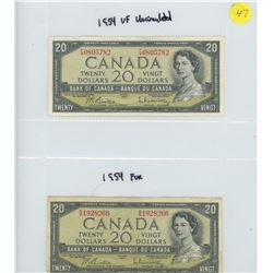 2X 1954 BANK OF CANADA TWENTY DOLLAR BILLS