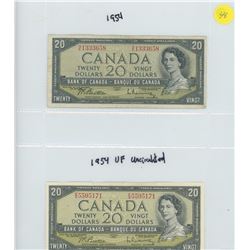 TWO 1954 BANK OF CANADA TWENTY DOLLAR BILLS