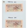 Image 2 : 2X 1986 UNCIRCULATED CANADIAN TWO DOLLAR BILLS