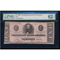1863 $1 Confederate States of America Note PMG 62EPQ