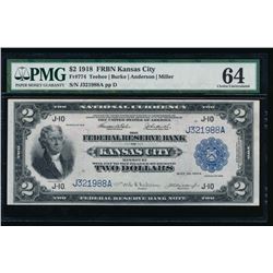 1918 $2 Kansas City Federal Reserve Bank Note PMG 64