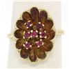 Image 1 : Vintage 14k Yellow Gold 0.25 ctw Round Ruby Cluster Brushed Texture Flower Ring