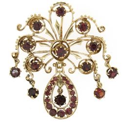 Vintage 14k Yellow Gold 6.75 ctw Round Garnet Open Work Dangle Pin Brooch Pendan