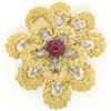 Image 2 : Vintage French 18K TT Gold 4.27 ctw Diamonds & Ruby Textured Flower Burst Brooch