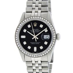 Rolex Mens Stainless Steel Black Diamond 36MM Datejust Wristwatch