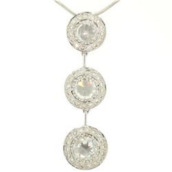 Vintage 18K White Gold 2.59 ctw 3 Rose Cut Diamond Drop Pendant w/ Triple Halo