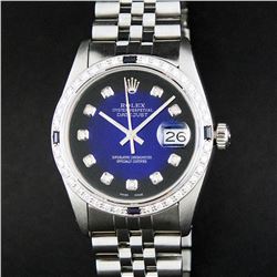 Rolex Mens Stainless Steel Blue Vignette Diamond & Sapphire Datejust Wristwatch