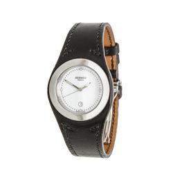 Hermes Stainless Steel Black Leather Harnais Watch