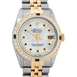 Rolex Mens 2 Tone 14K Mother Of Pearl Diamond & Sapphire Datejust Wristwatch