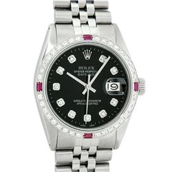 Rolex Mens Stainless Steel Black Diamond & Ruby 36MM Datejust Wristwatch