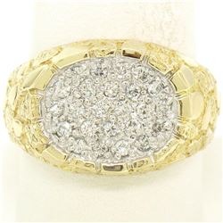 NEW Mens 14K Two Tone Gold Nugget Texture .60 ctw Oval Round Diamond Cluster Rin