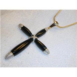 Rare Estate 14K YG Diamod Onyx Cross Pendant #861947