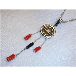 Estate 14K WG Onyx Diamond Coral Pendant #861949