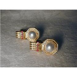 14K YG Etruscan Mabe Pearl Ruby Drop Earrings #861965
