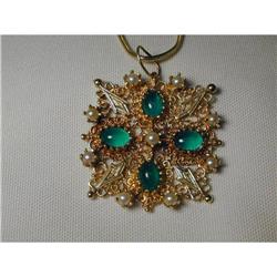 Estate 14K Filigree Seed Pearl Emerald Pendant #861992