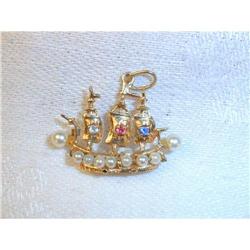 Estate 14K Seed Pearl Ruby Boat Pendant #862030