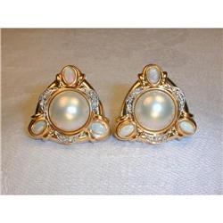 Estate 14K YG Opal Mabe Pearl Diamond Earrings #862036