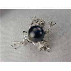 14K WG Gold Tahitian Pearl Diamond Frog Brooch #862049