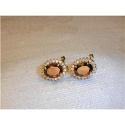 Estate 14K YG Gold Garnet Diamond Earrings #862076