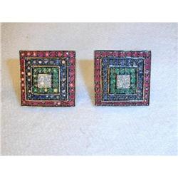 Estate 14K WG Emerald Sapphire Ruby Earrings #862080