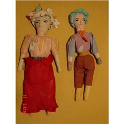 Pair of Antique Rag Cloth Dolls Hand Sewn Faces #862629