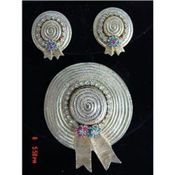 Ciner Straw Hat  Rhinestones Brooch & Earrings #862632
