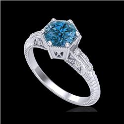 1.17 ctw Fancy Intense Blue Diamond Art Deco Ring 18K White Gold